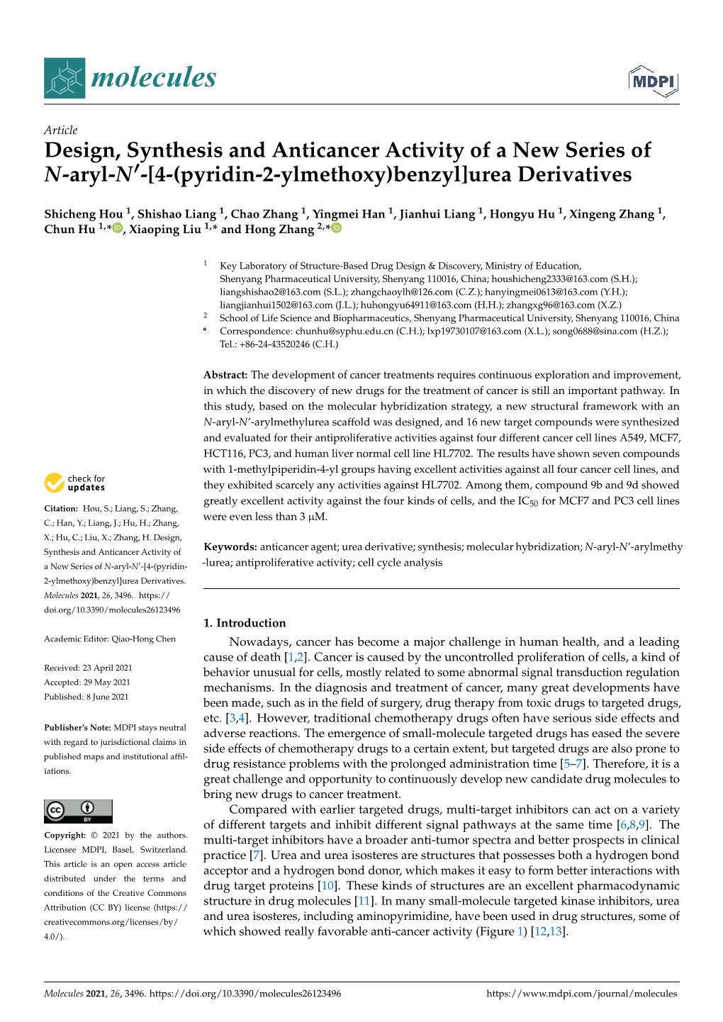 Design, Synthesis and Anticancer Activity of a New Series of N-Aryl-N0-[4-(Pyridin-2-Ylmethoxy)Benzyl]Urea Derivatives