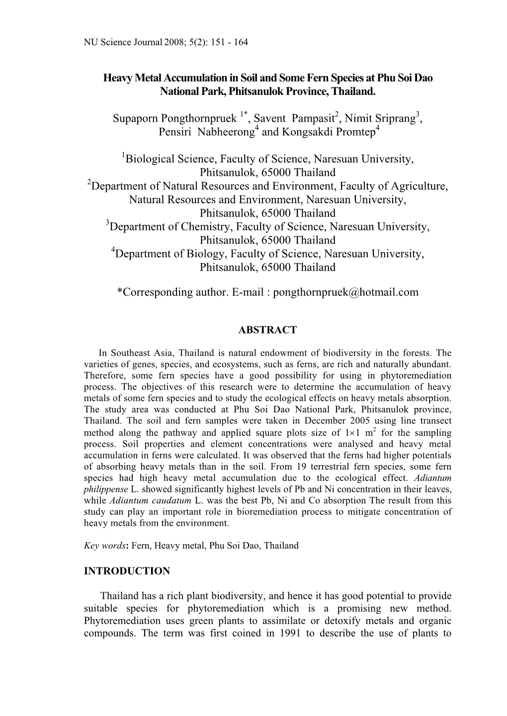 Heavy Metal Accumulation in Soil and Some Fern Species at Phu Soi Dao National Park, Phitsanulok Province, Thailand. Supaporn Po