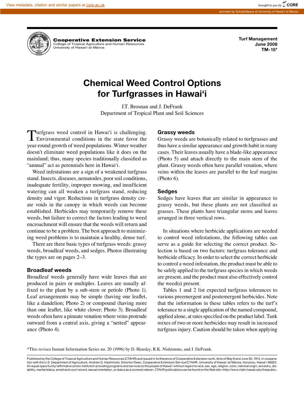Chemical Weed Control Options for Turfgrasses in Hawai'i