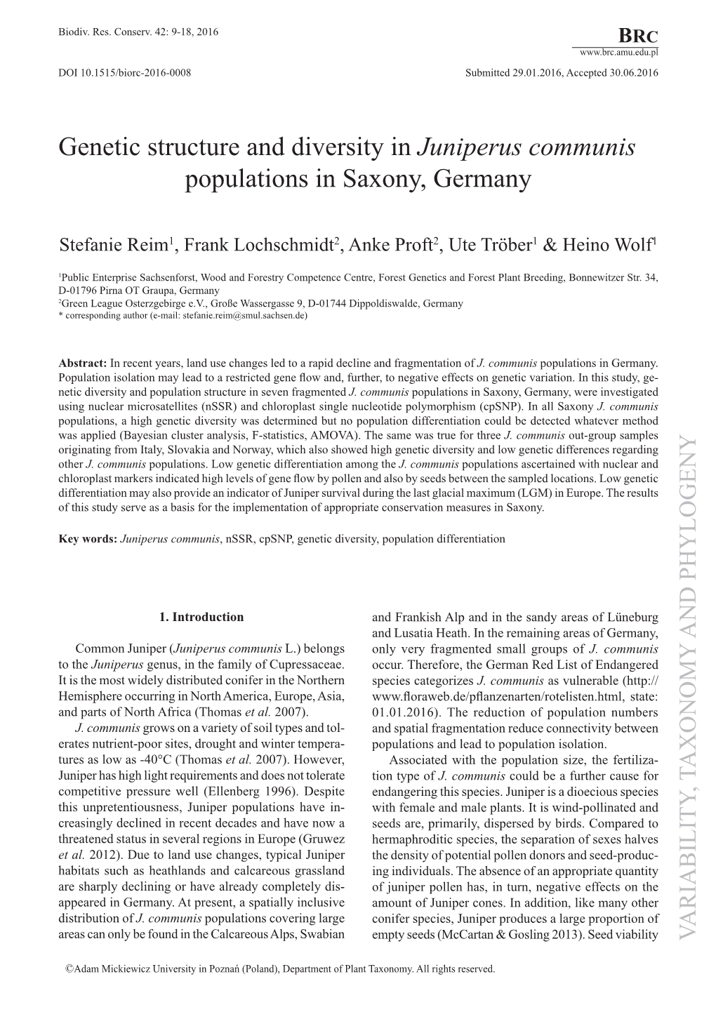 Genetic Structure and Diversity in Juniperus Communis Populations in Saxony, Germany