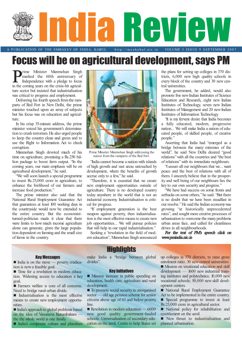 Focus Will Be on Agricultural Development, Says PM