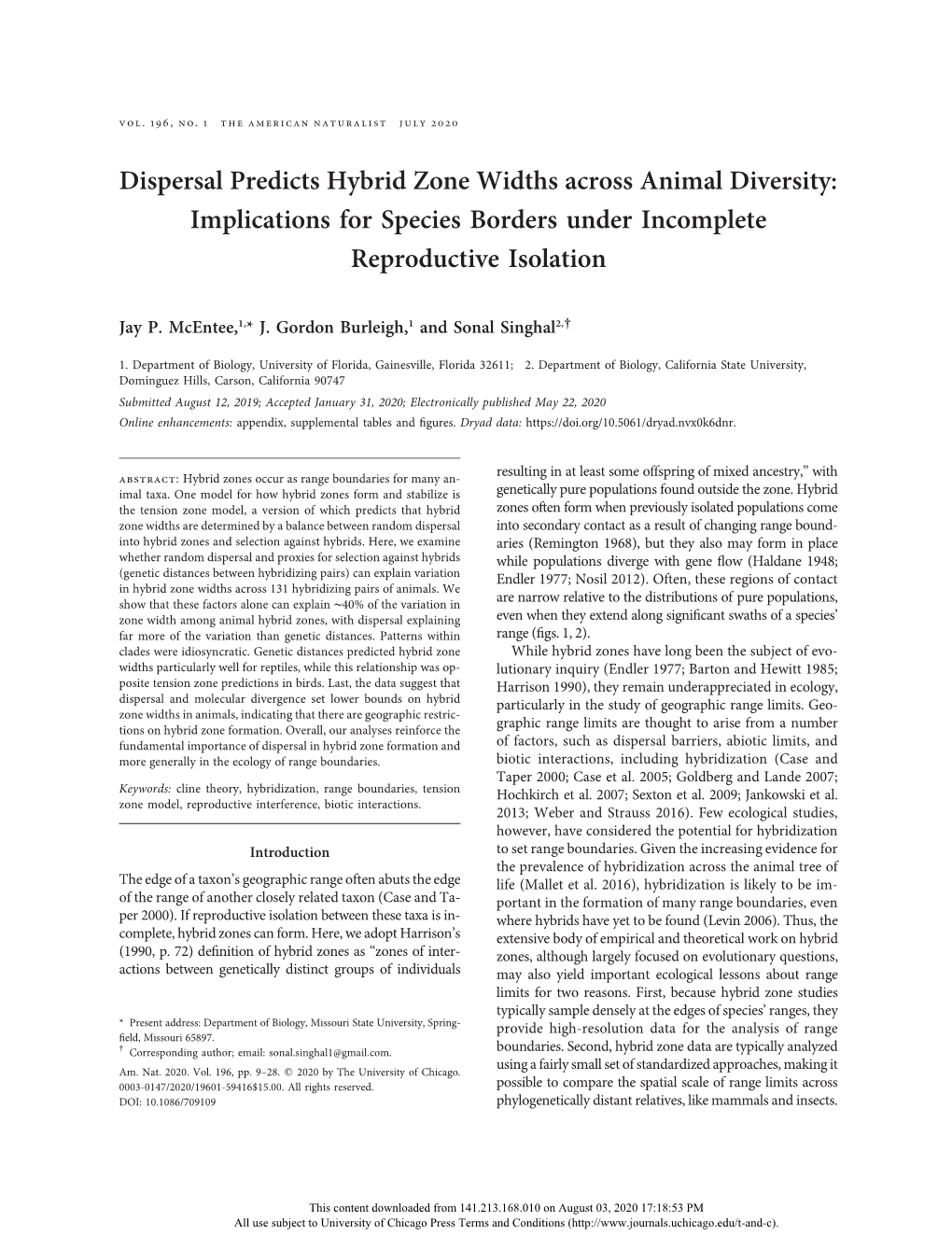 Dispersal Predicts Hybrid Zone Widths Across Animal Diversity: Implications for Species Borders Under Incomplete Reproductive Isolation