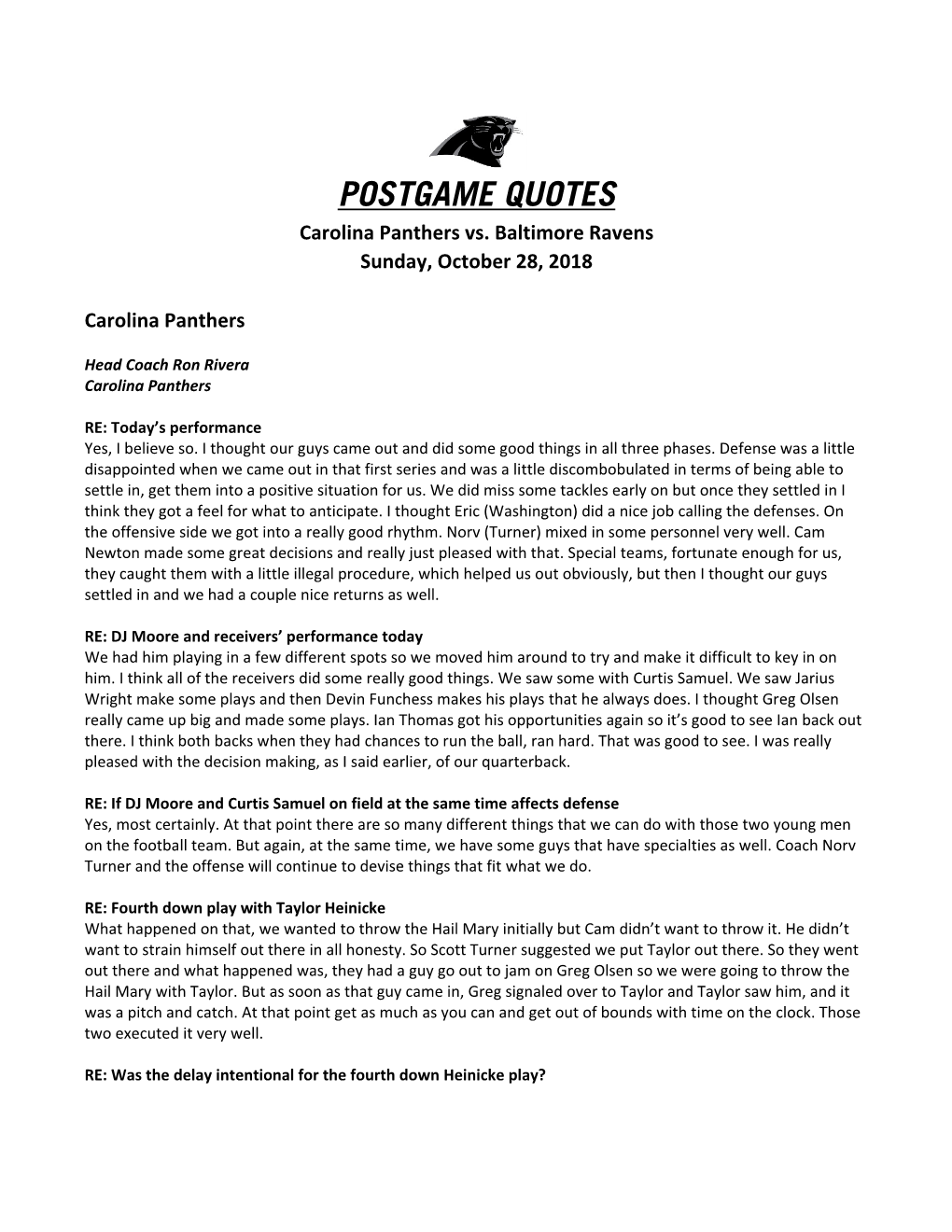 POSTGAME QUOTES Carolina Panthers Vs