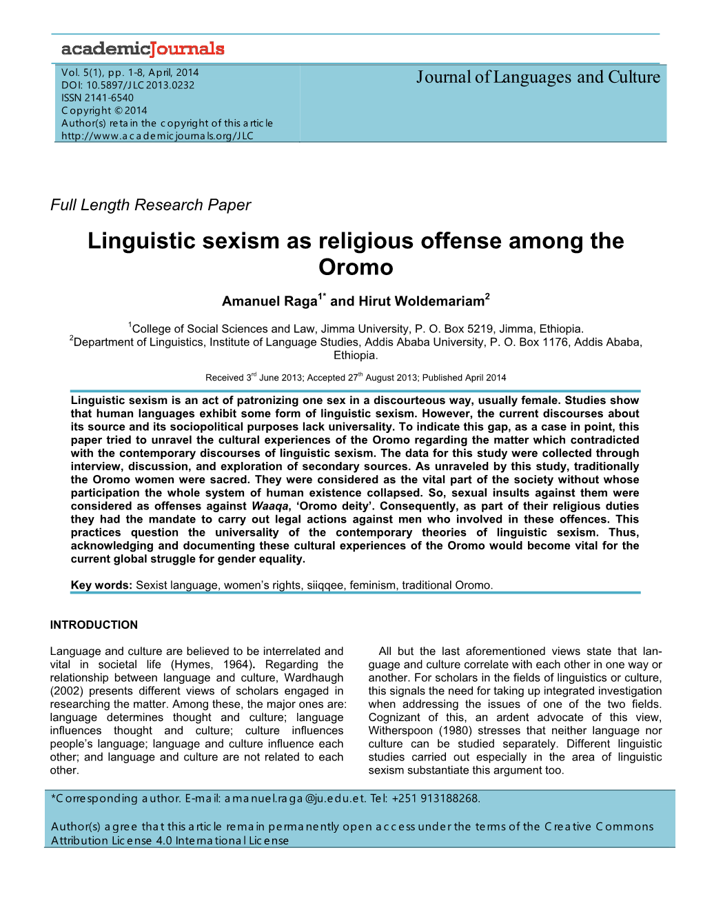 Linguistic Sexism As Religious Offense Among the Oromo