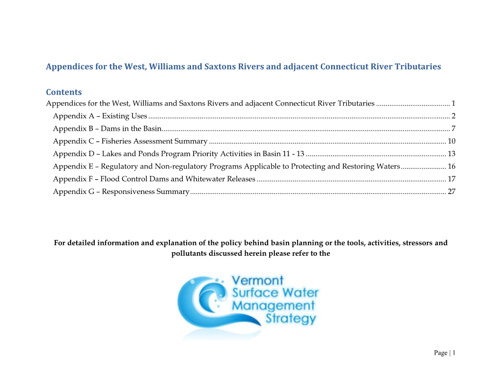 Appendices for the West, Williams and Saxtons Rivers and Adjacent Connecticut River Tributaries Contents