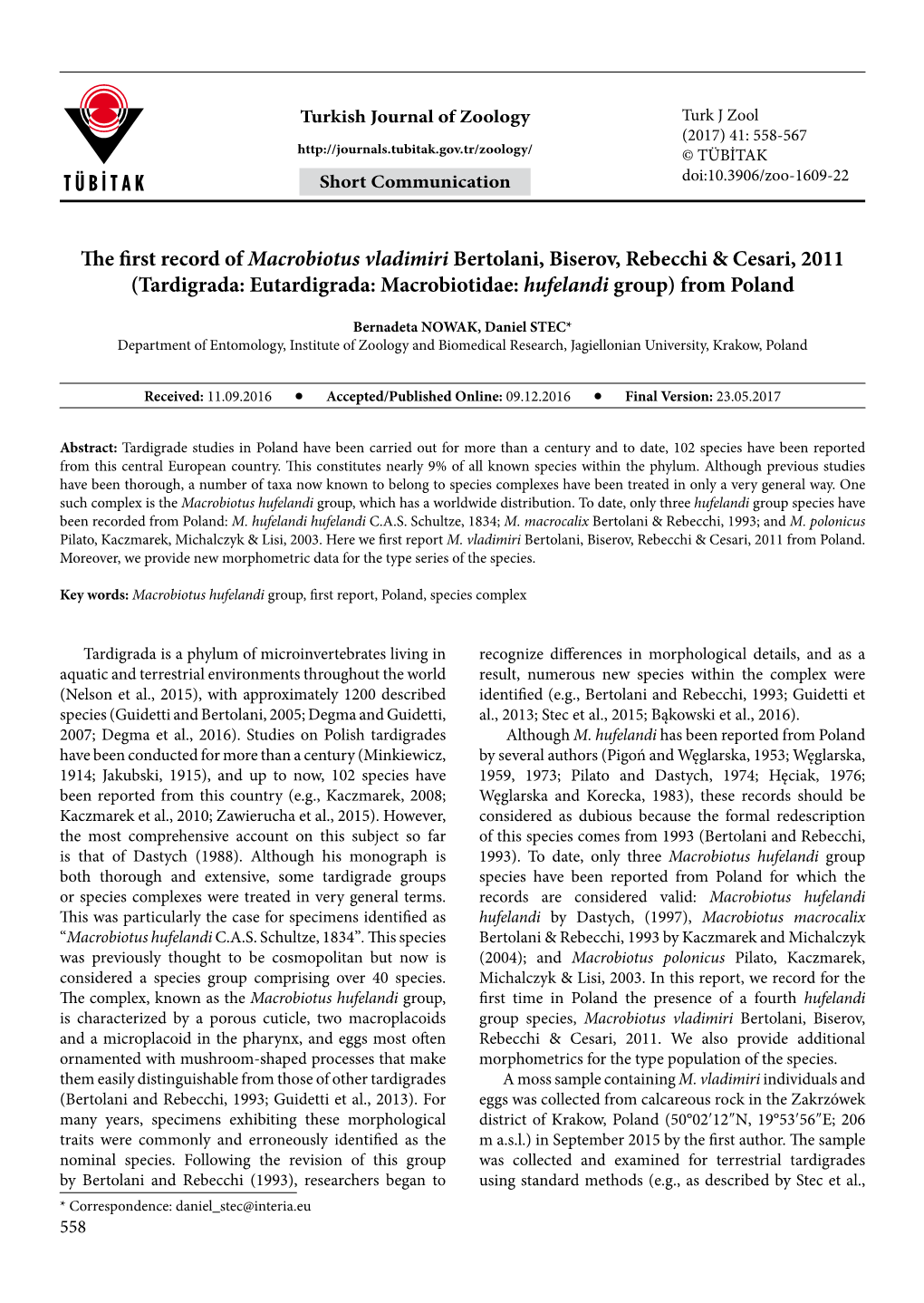 The First Record of Macrobiotus Vladimiri Bertolani, Biserov, Rebecchi & Cesari, 2011 (Tardigrada: Eutardigrada: Macrobioti