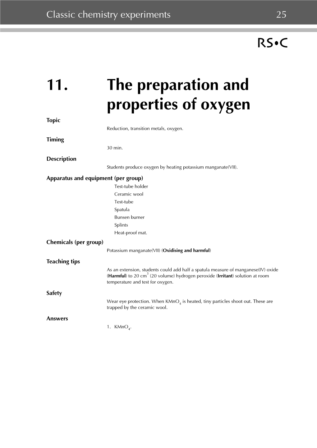 11. the Preparation and Properties of Oxygen Topic Reduction, Transition Metals, Oxygen