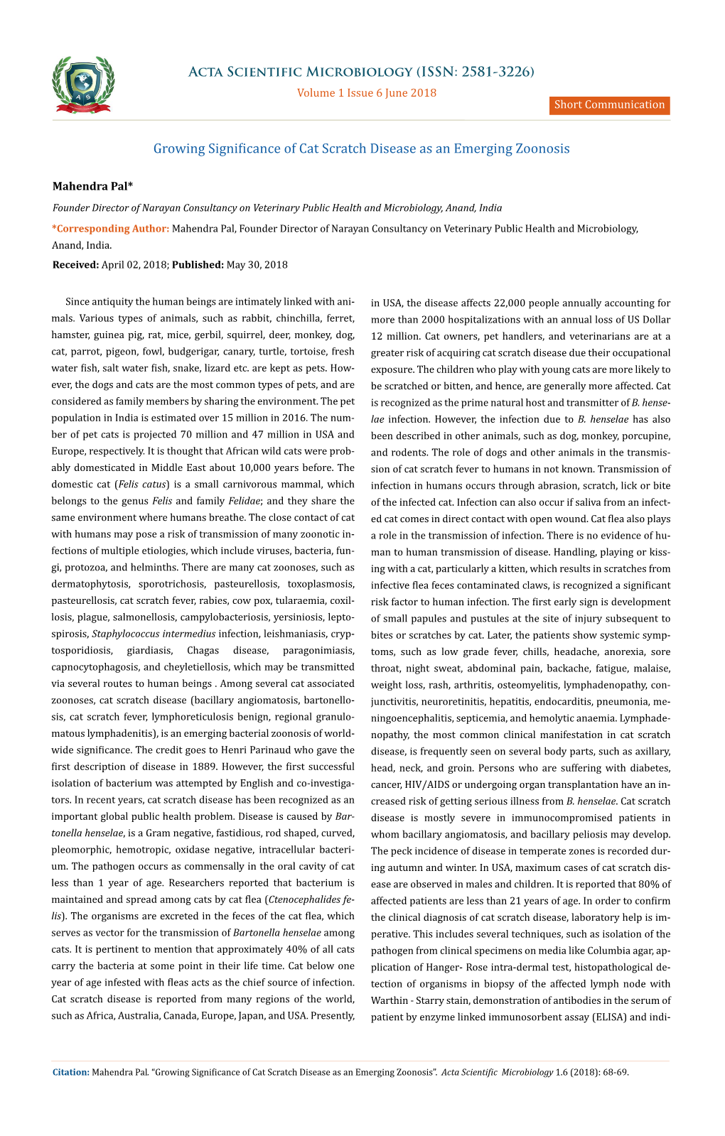 Growing Significance of Cat Scratch Disease As an Emerging Zoonosis