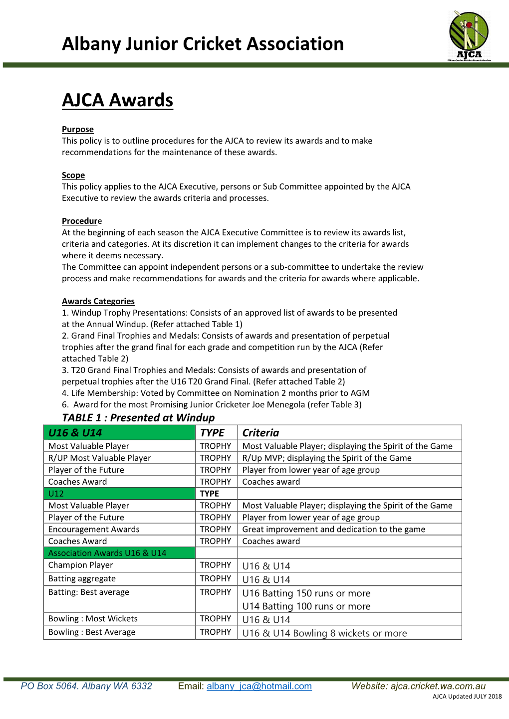 Albany Junior Cricket Association AJCA Awards