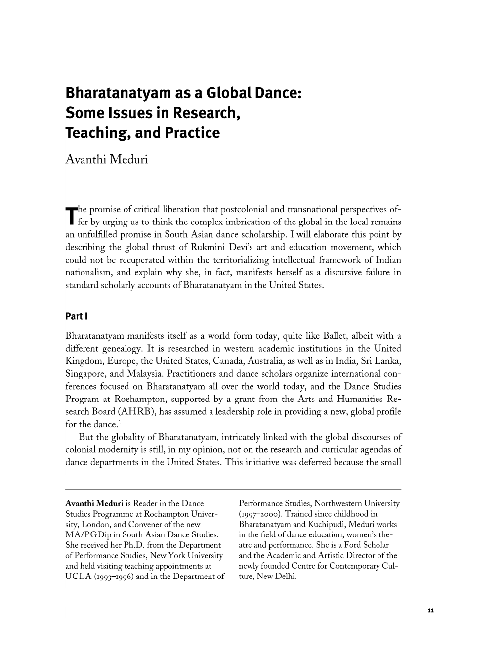 Bharatanatyam As a Global Dance: Some Issues in Research, Teaching, and Practice