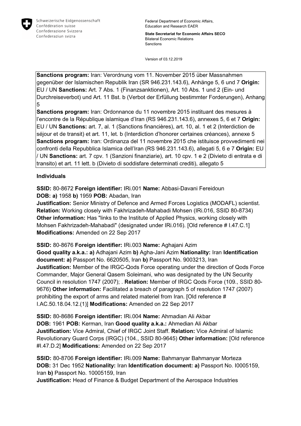 Iran: Verordnung Vom 11