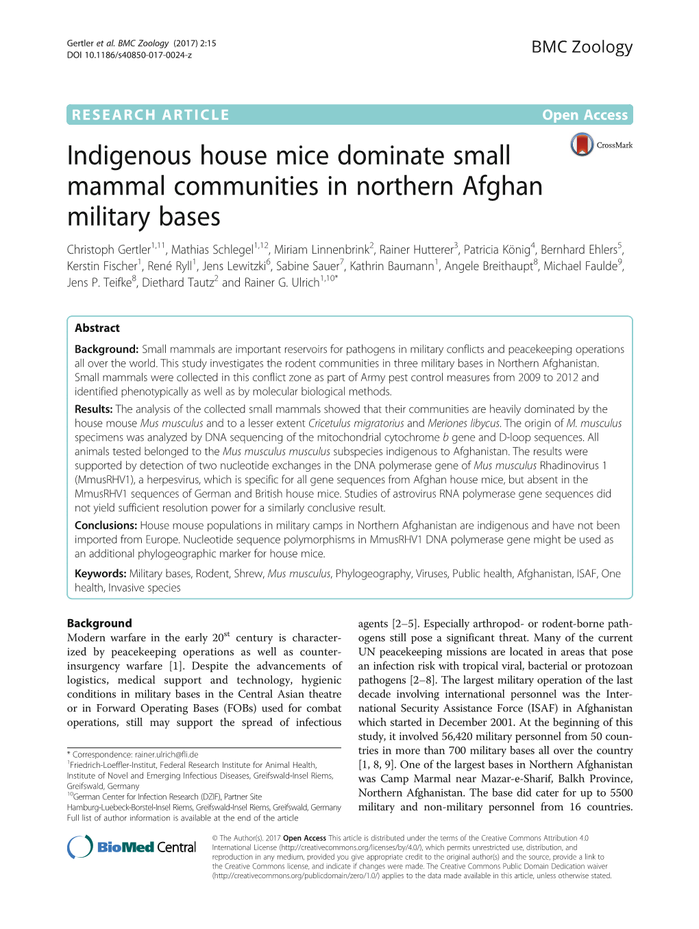 Indigenous House Mice Dominate Small Mammal Communities in Northern Afghan Military Bases