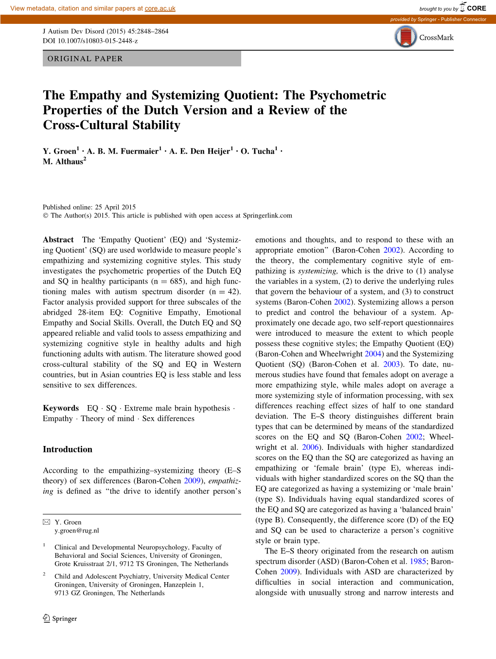 The Empathy and Systemizing Quotient: the Psychometric Properties of the Dutch Version and a Review of the Cross-Cultural Stability