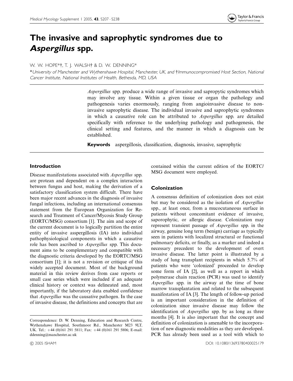 The Invasive and Saprophytic Syndromes Due to Aspergillus Spp