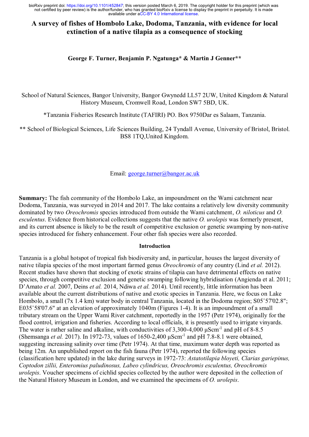 A Survey of Fishes of Hombolo Lake, Dodoma, Tanzania, with Evidence for Local Extinction of a Native Tilapia As a Consequence of Stocking