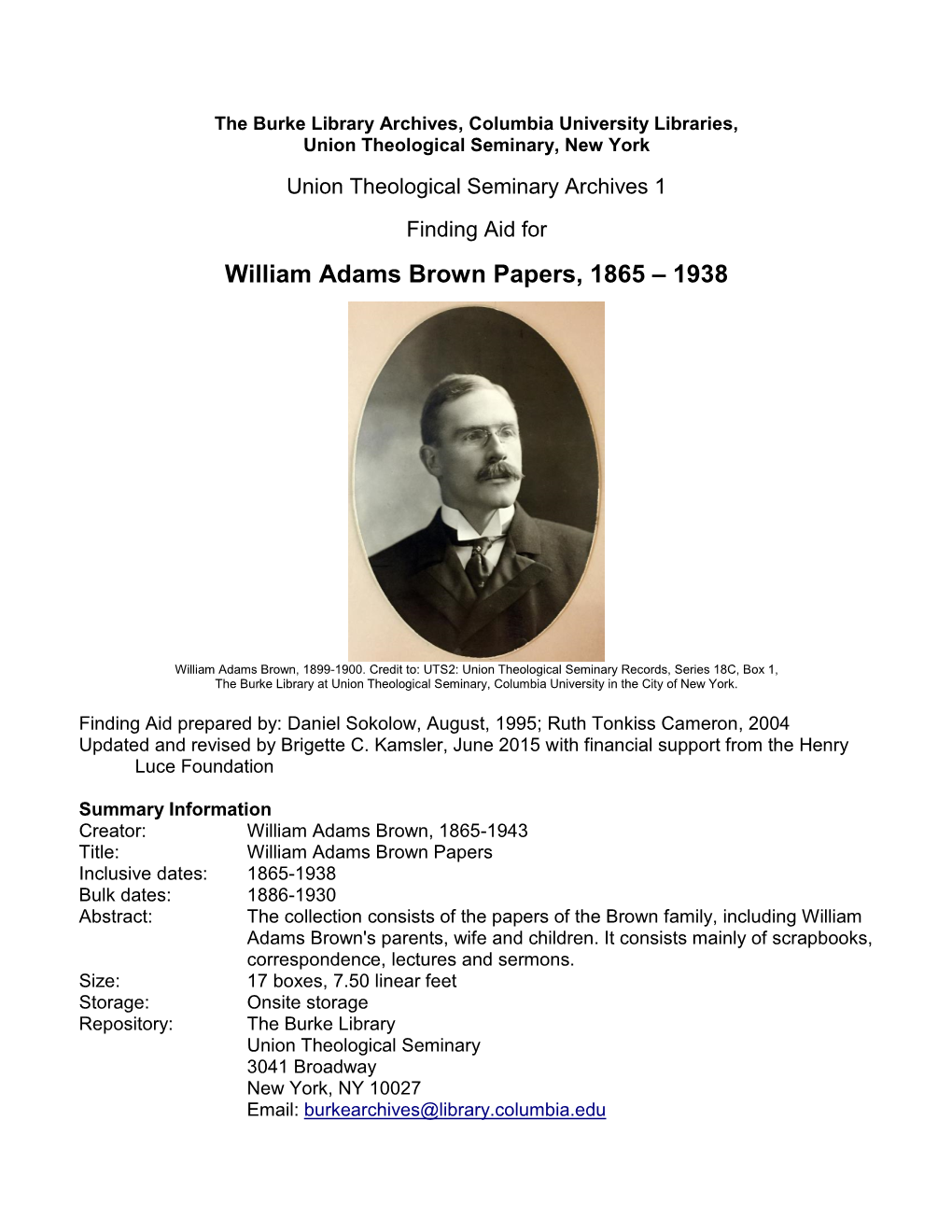 UTS: William Adams Brown Papers, 1865-1938