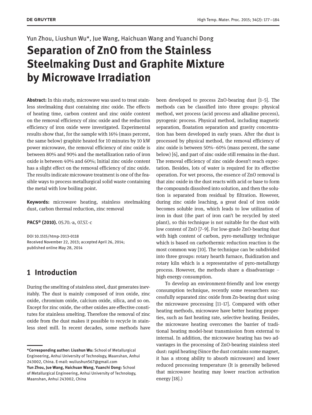 Separation of Zno from the Stainless Steelmaking Dust and Graphite Mixture by Microwave Irradiation