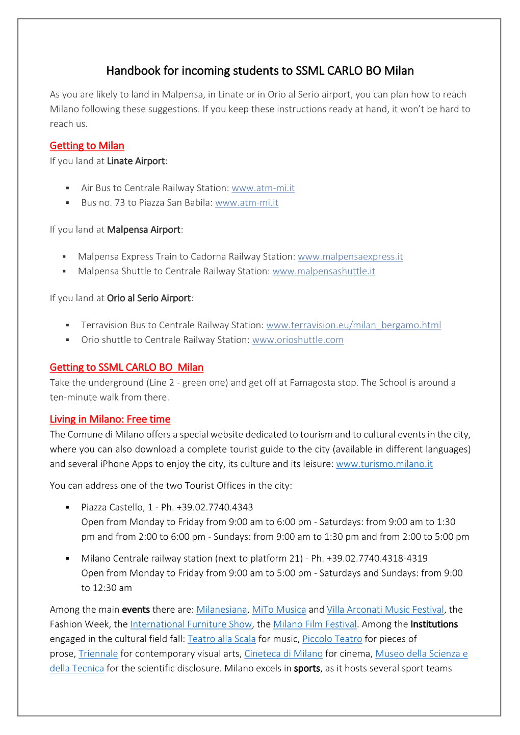Handbook for Incoming Students to SSML CARLO BO Milan