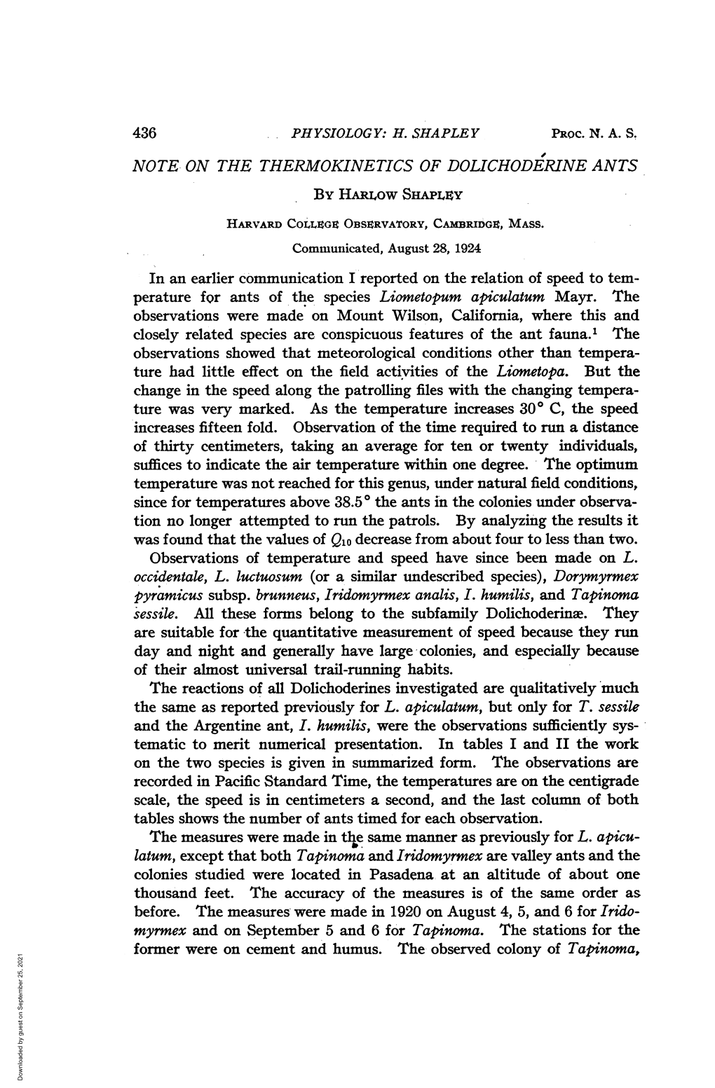 NOTE on the THERMOKINETICS of DOLICHODERINE ANTS by Harlow SHAPLEY HARVARD COLLEGE OBSERVATORY, CAMBRIDGE, MASS