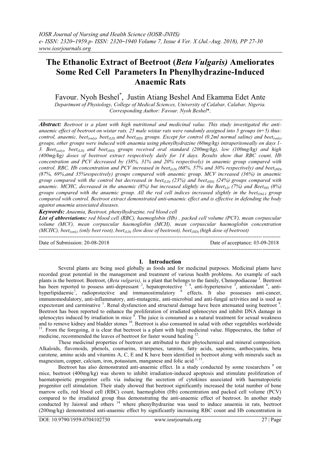 The Ethanolic Extract of Beetroot (Beta Vulgaris) Ameliorates Some Red Cell Parameters in Phenylhydrazine-Induced Anaemic Rats