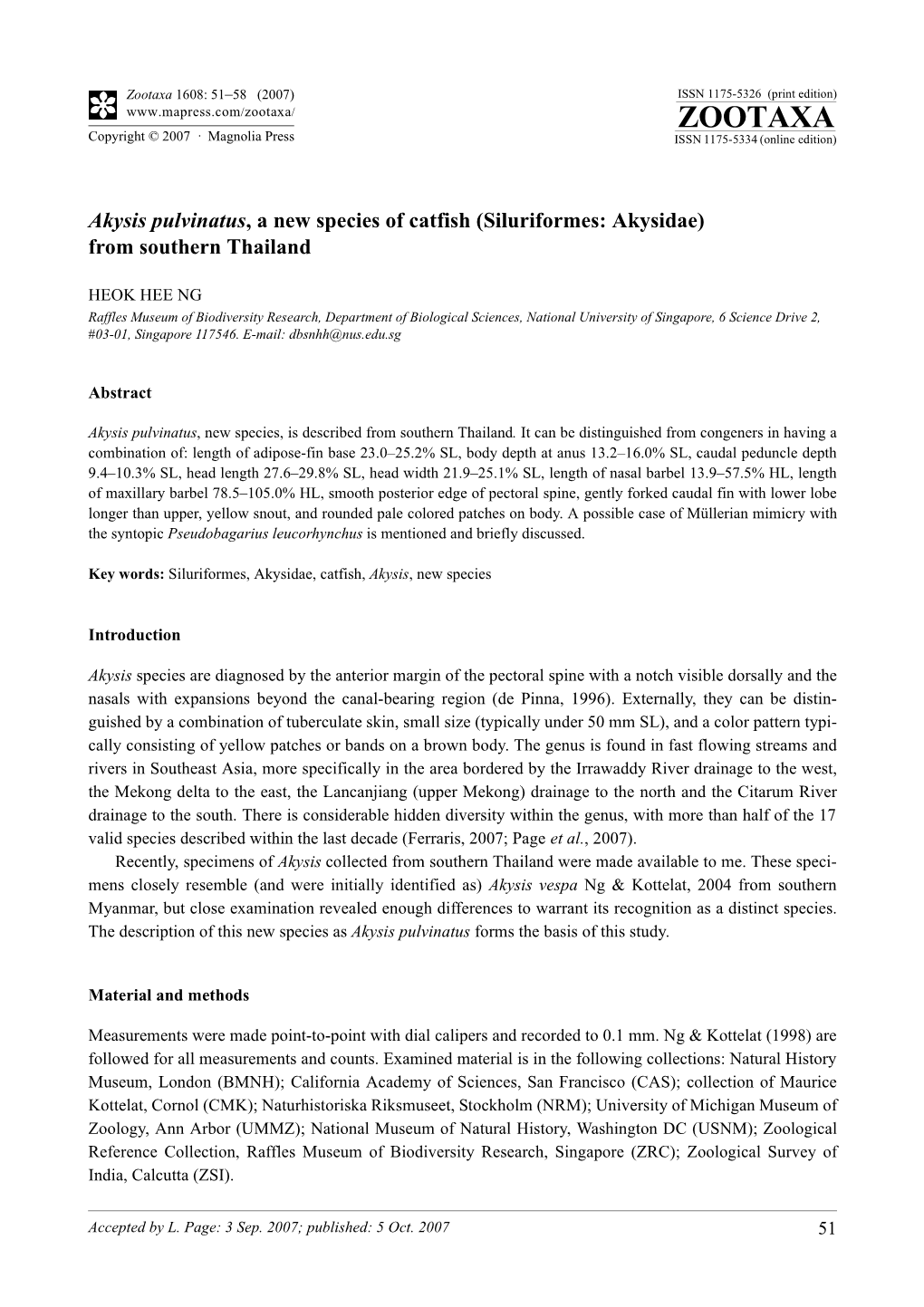 Zootaxa,Akysis Pulvinatus, a New Species of Catfish (Siluriformes: Akysidae)