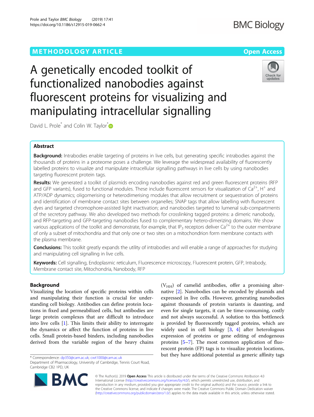 A Genetically Encoded Toolkit of Functionalized Nanobodies Against Fluorescent Proteins for Visualizing and Manipulating Intracellular Signalling David L