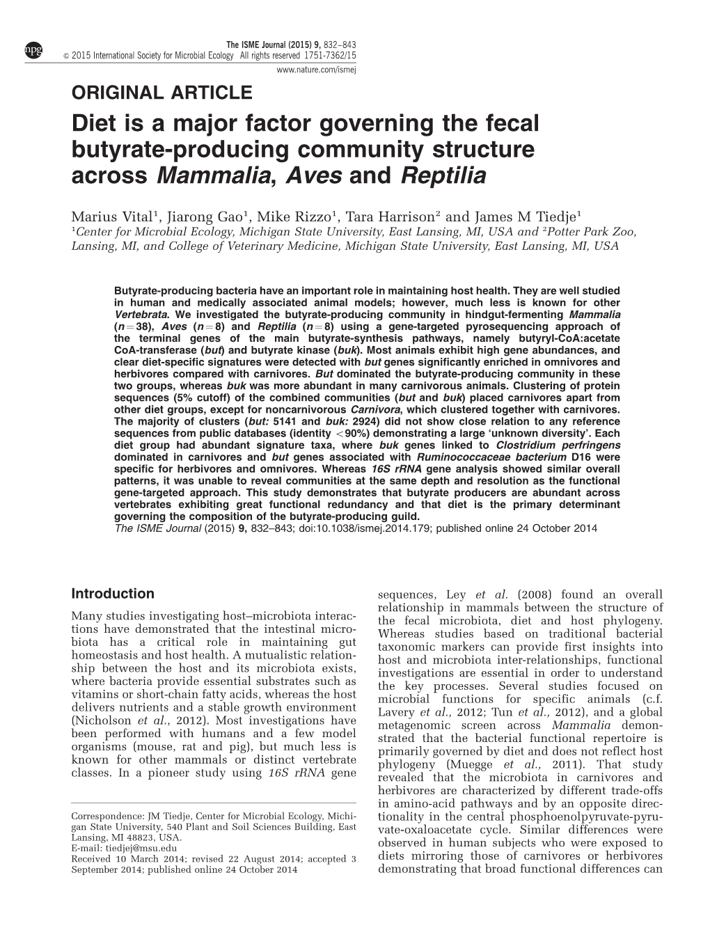 Diet Is a Major Factor Governing the Fecal Butyrate-Producing Community Structure Across Mammalia, Aves and Reptilia