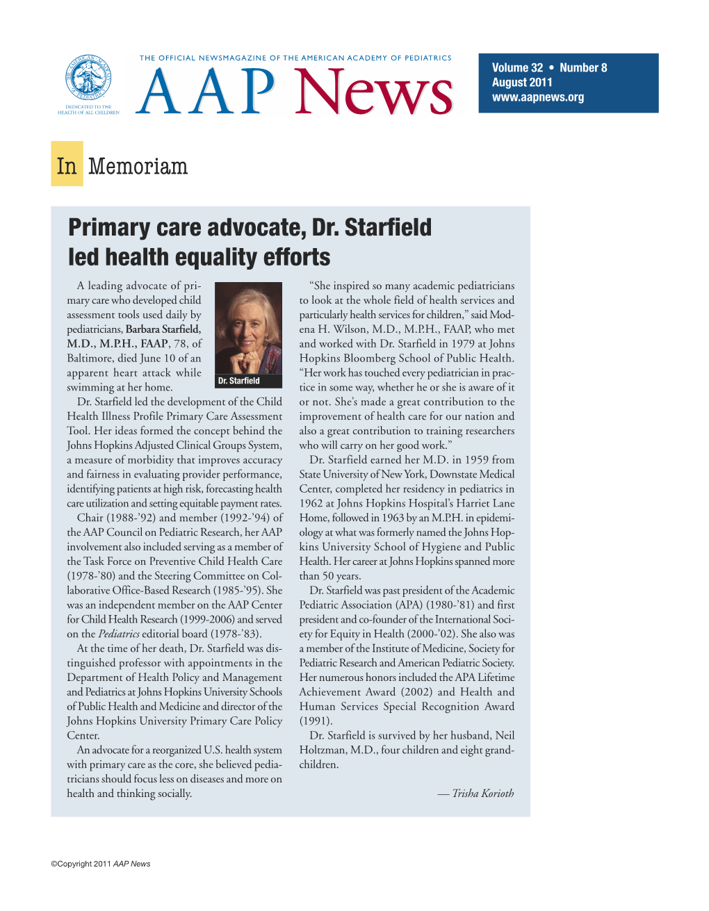 In Memoriam Primary Care Advocate, Dr. Starfield Led Health Equality Efforts