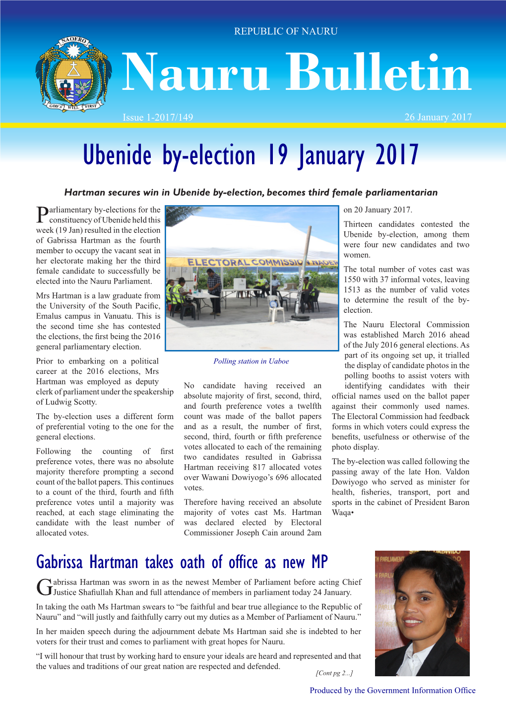 Nauru Bulletin Issue 1-2017/149 26 January 2017 Ubenide By-Election 19 January 2017