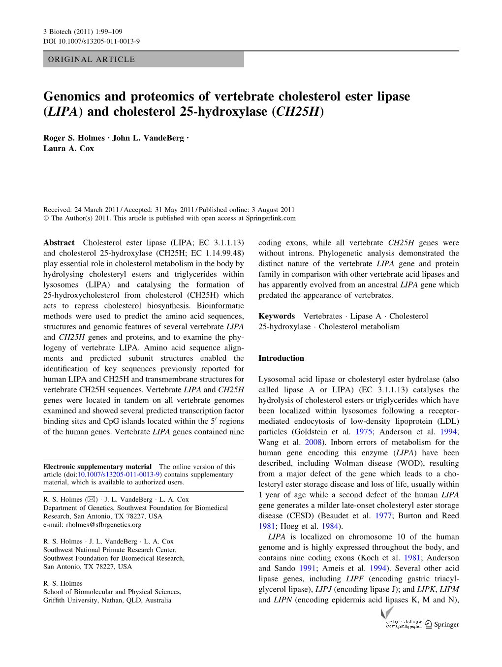 Genomics and Proteomics of Vertebrate Cholesterol Ester Lipase (LIPA) and Cholesterol 25-Hydroxylase (CH25H)