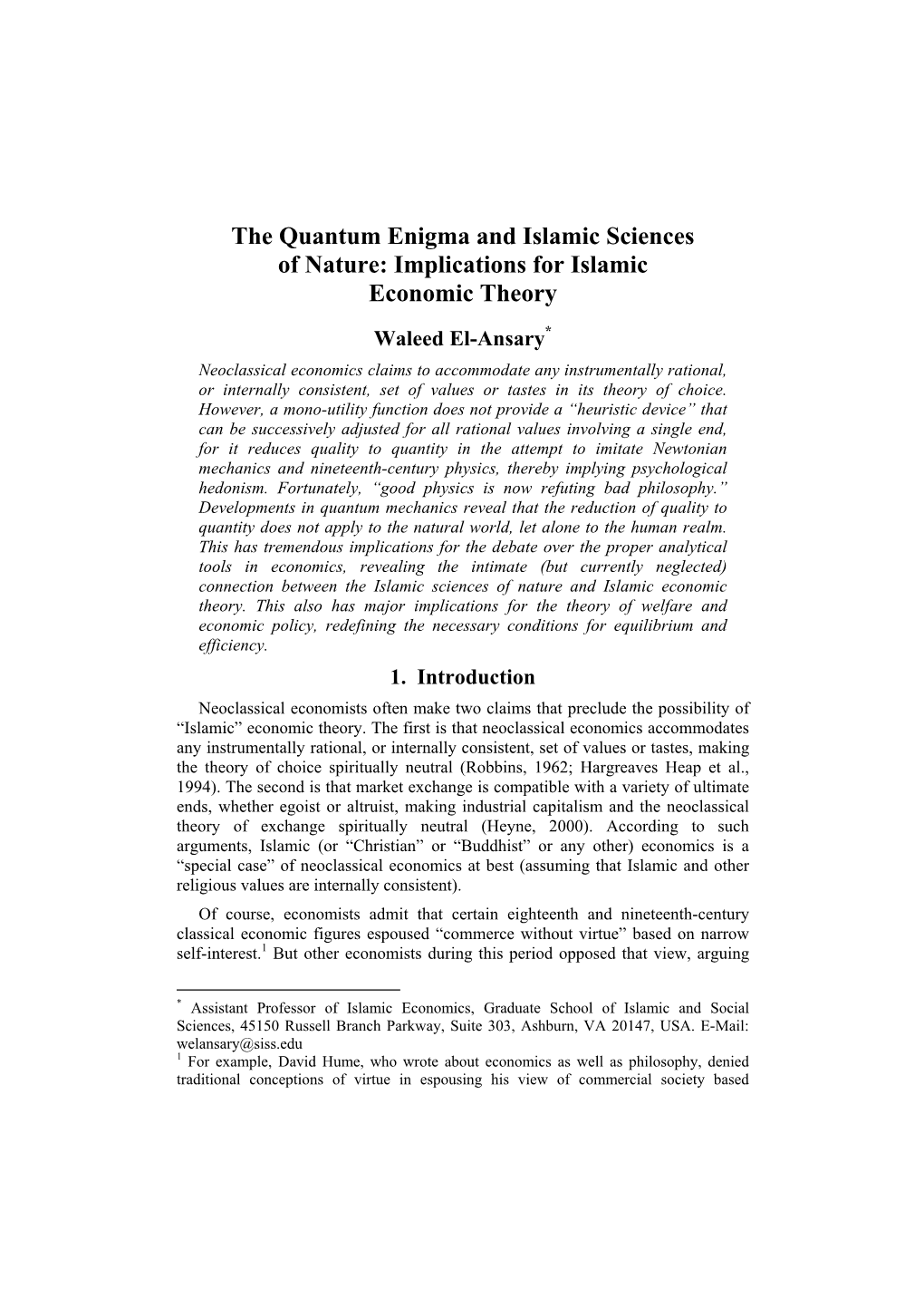 The Quantum Enigma and Islamic Sciences of Nature: Implications for Islamic Economic Theory