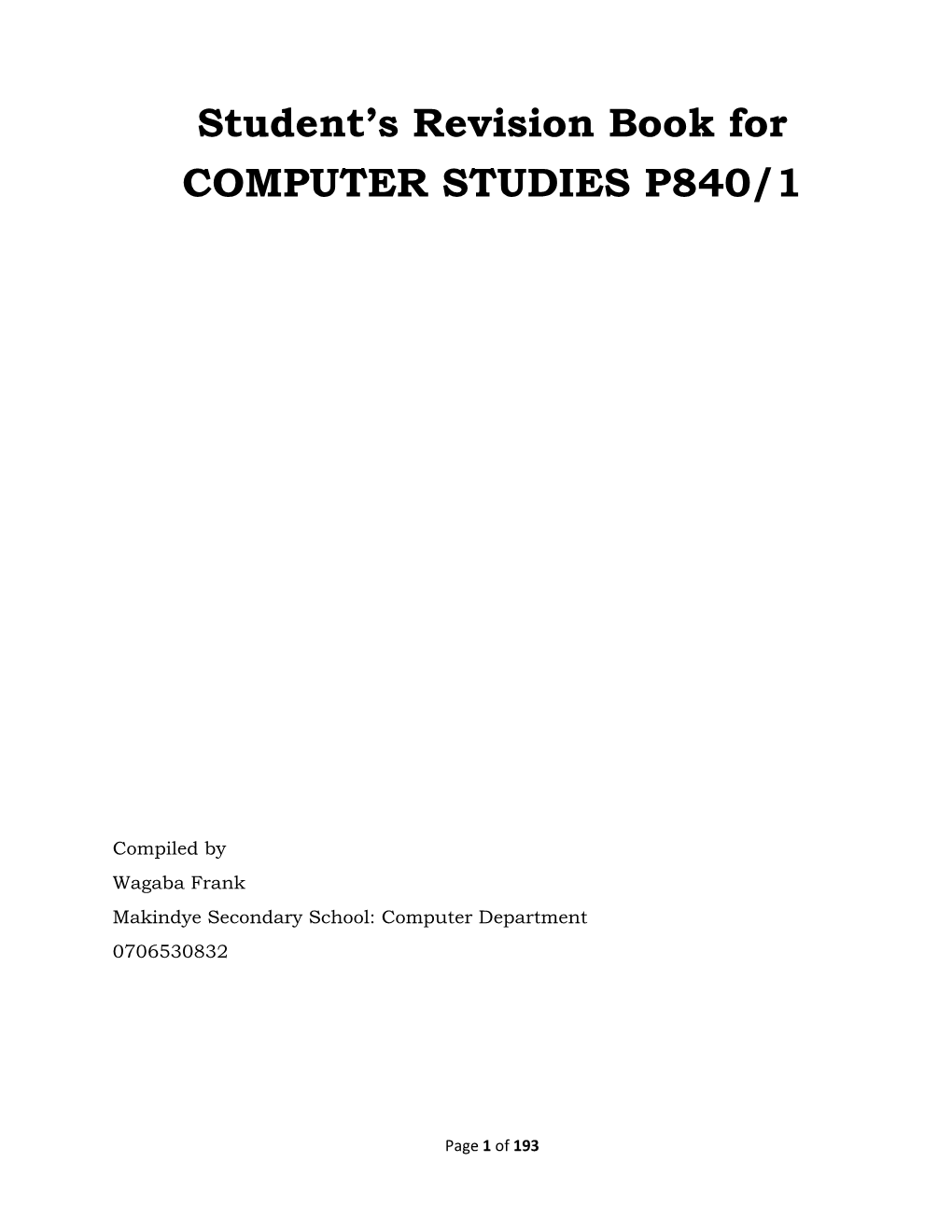 Student's Revision Book for COMPUTER STUDIES P840/1