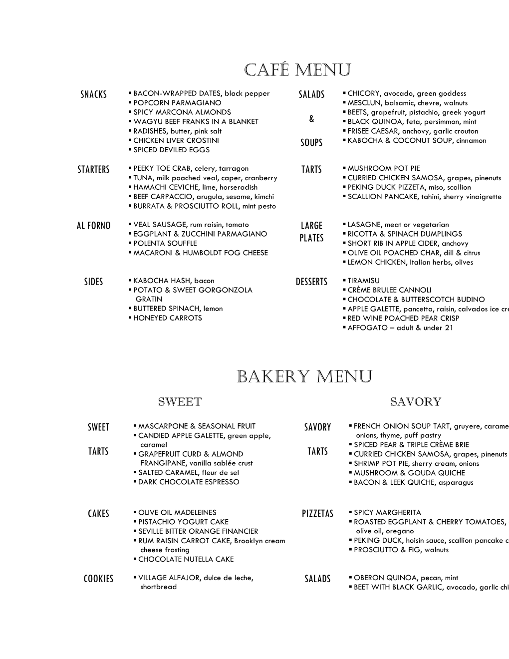 Village Tart Menu