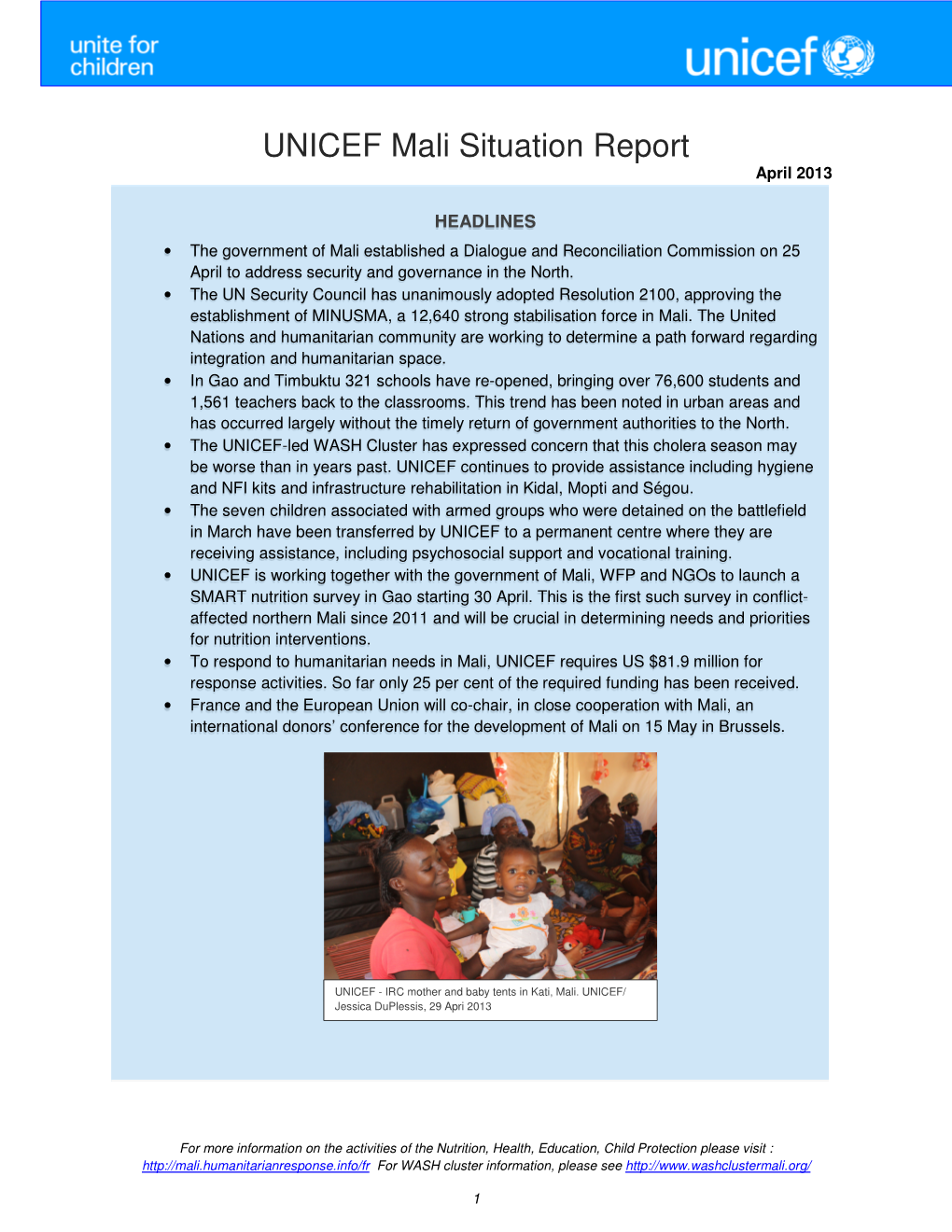 UNICEF Mali Situation Report April 2013