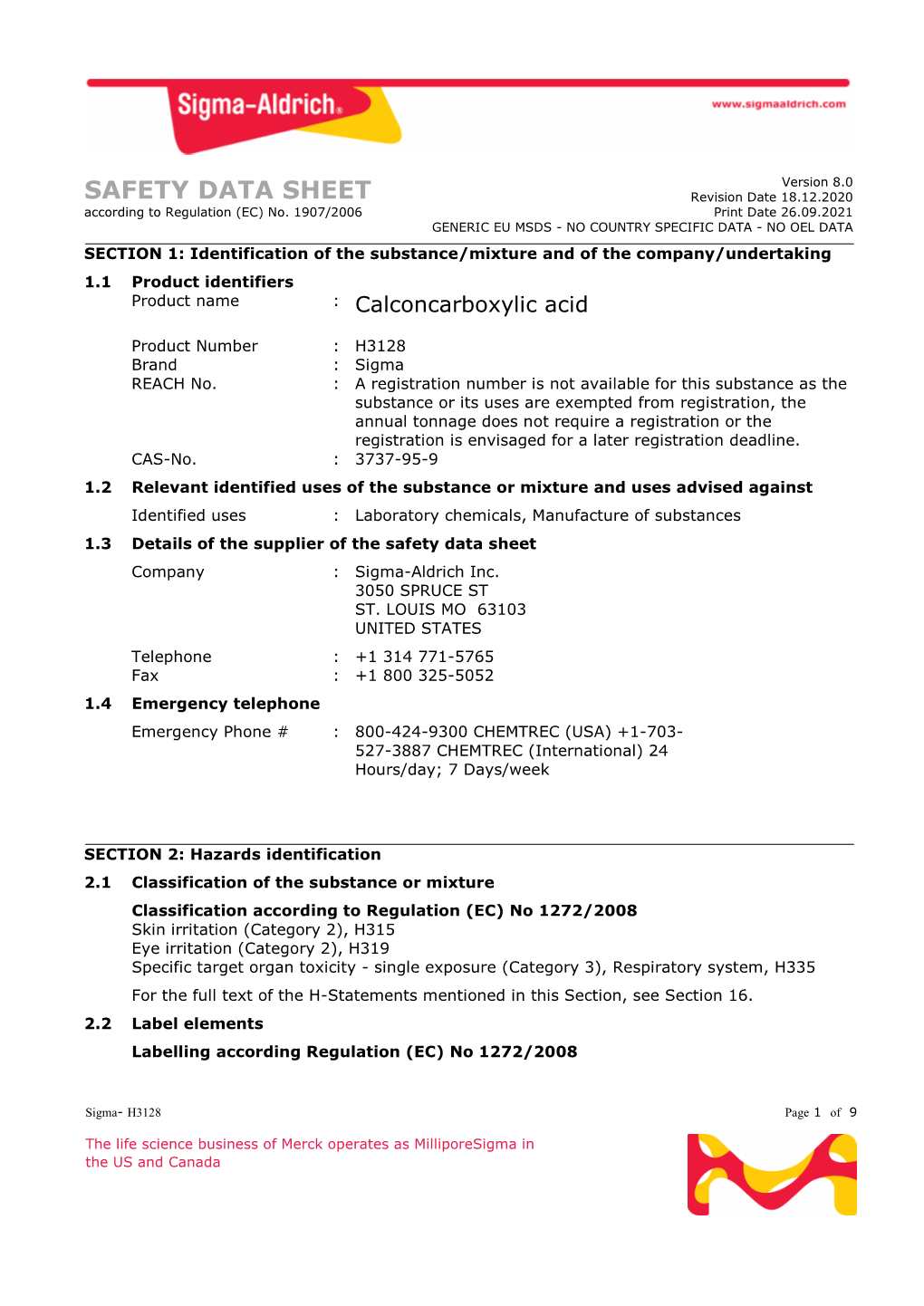 SAFETY DATA SHEET Revision Date 18.12.2020 According to Regulation (EC) No