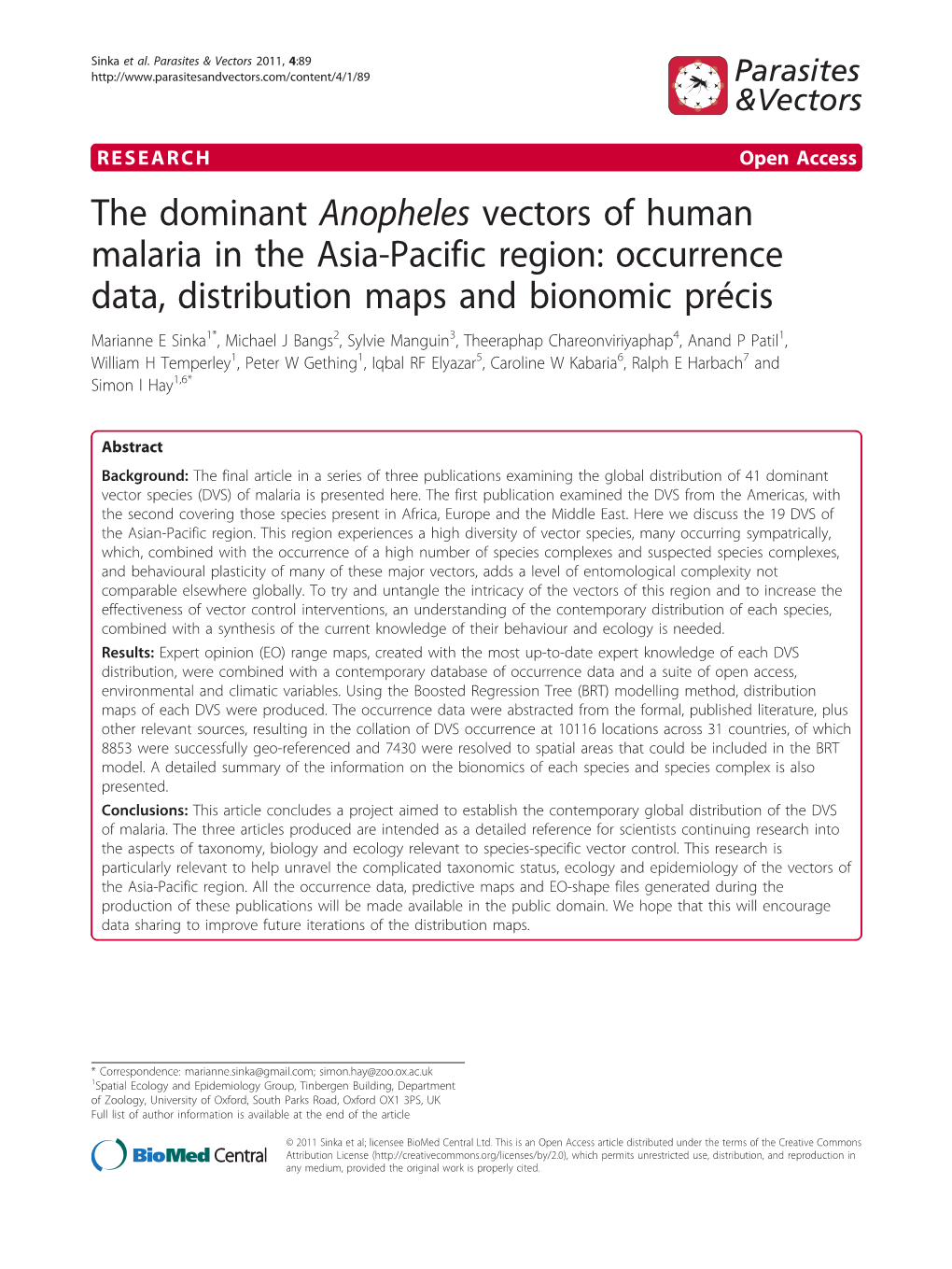 The Dominant Anopheles Vectors of Human Malaria in The