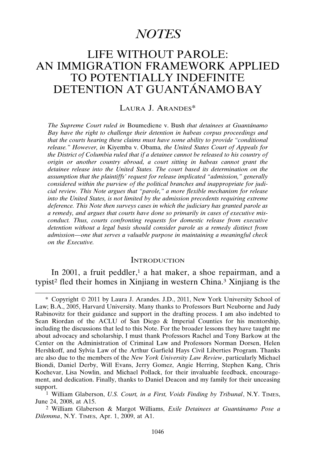 Life Without Parole: an Immigration Framework Applied to Potentially Indefinite Detention at Guant ´Anamo