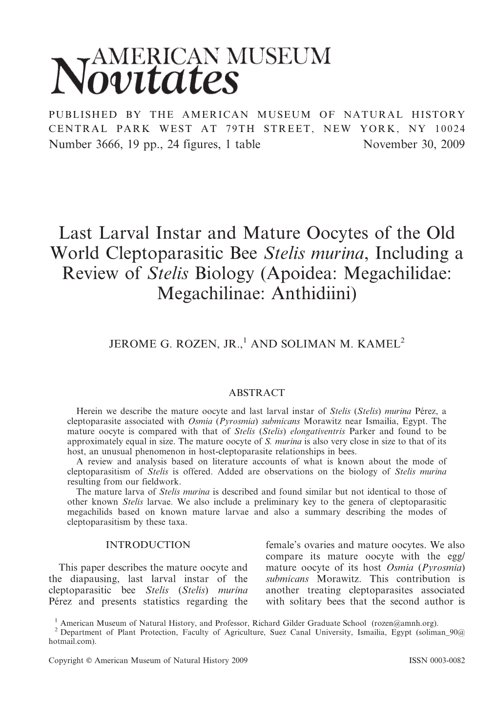 Last Larval Instar and Mature Oocytes of the Old World Cleptoparasitic Bee Stelis Murina, Including a Review of Stelis Biology