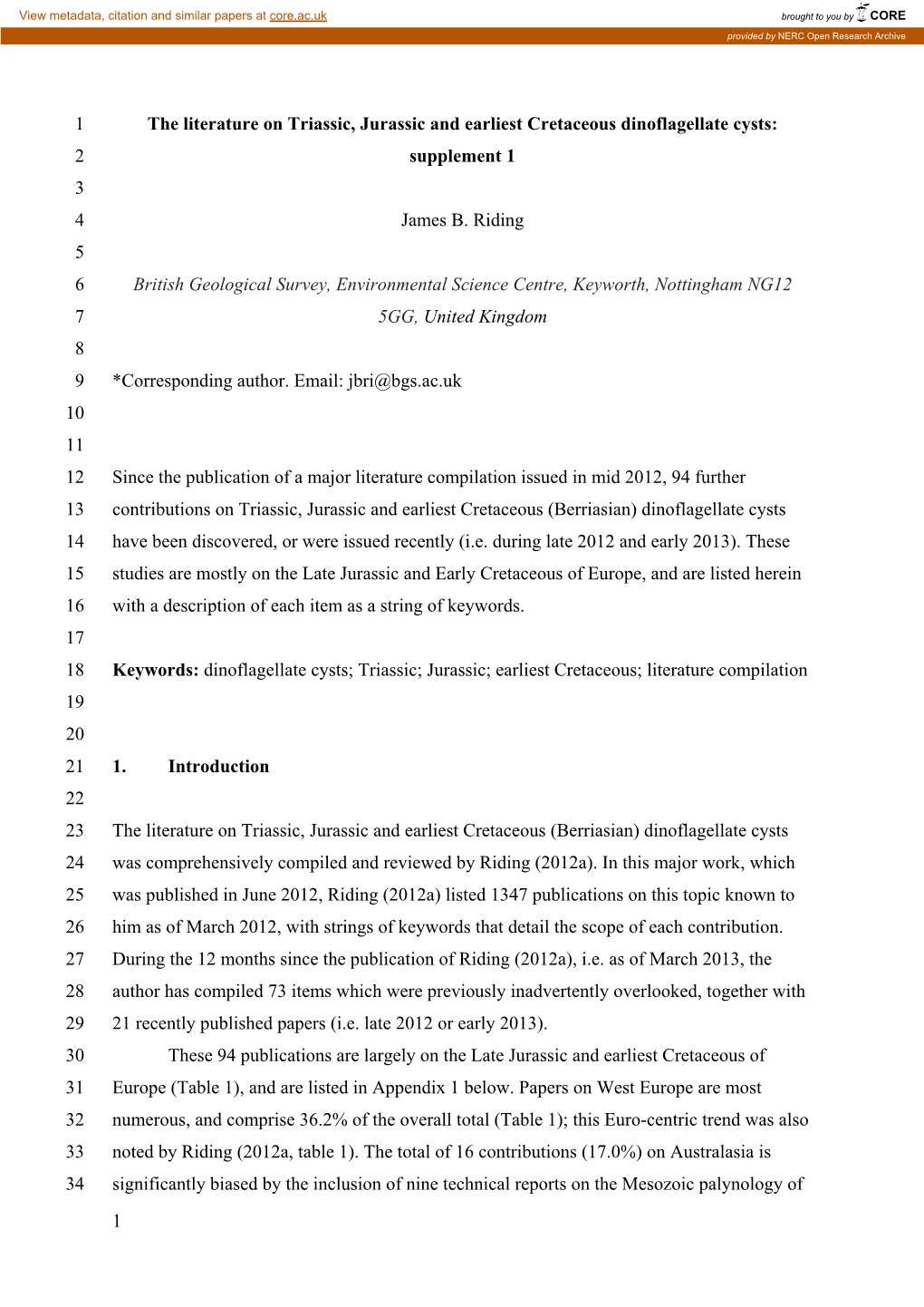 1 the Literature on Triassic, Jurassic and Earliest Cretaceous Dinoflagellate Cysts: 2 Supplement 1 3 4 James B