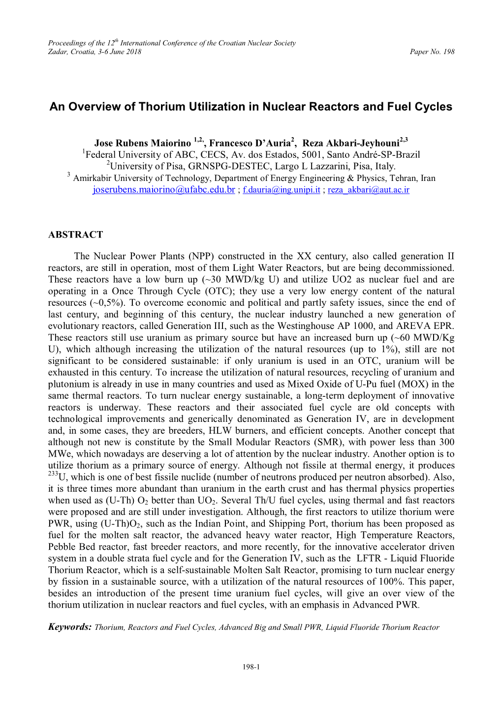 An Overview of Thorium Utilization in Nuclear Reactors and Fuel Cycles