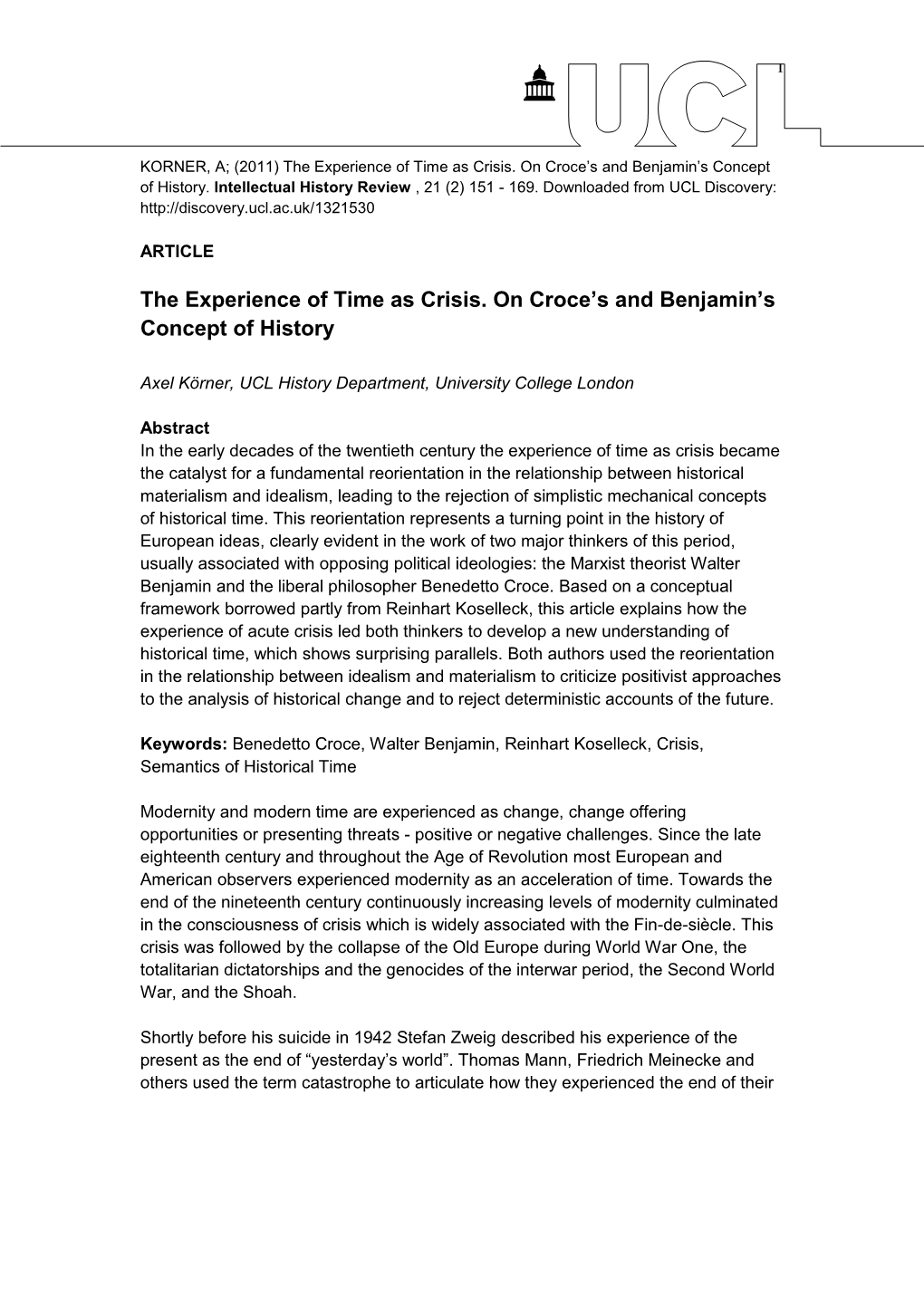 Benjamin, Croce, Gramsci – Historical Time Beyond The