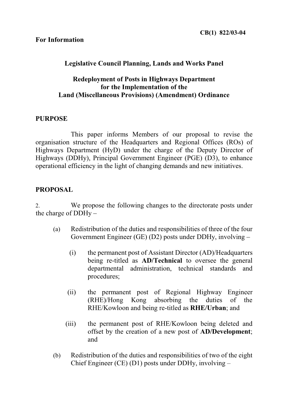 Information Paper on "Redeployment of Posts in Highways Department