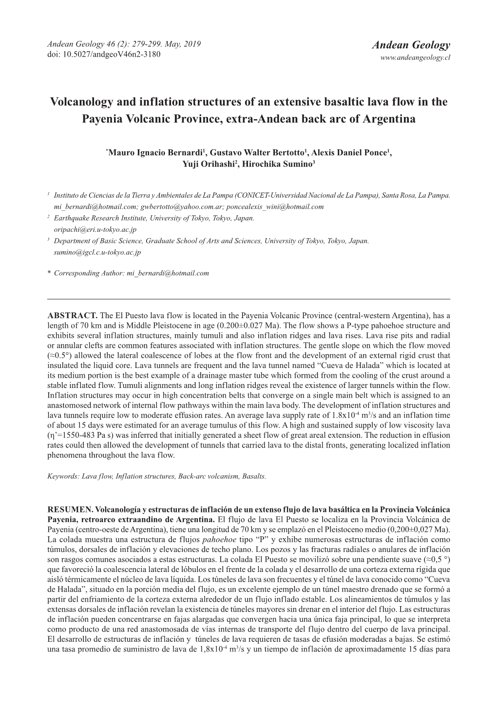 Volcanology and Inflation Structures of an Extensive Basaltic Lava Flow in the Payenia Volcanic Province, Extra-Andean Back Arc of Argentina