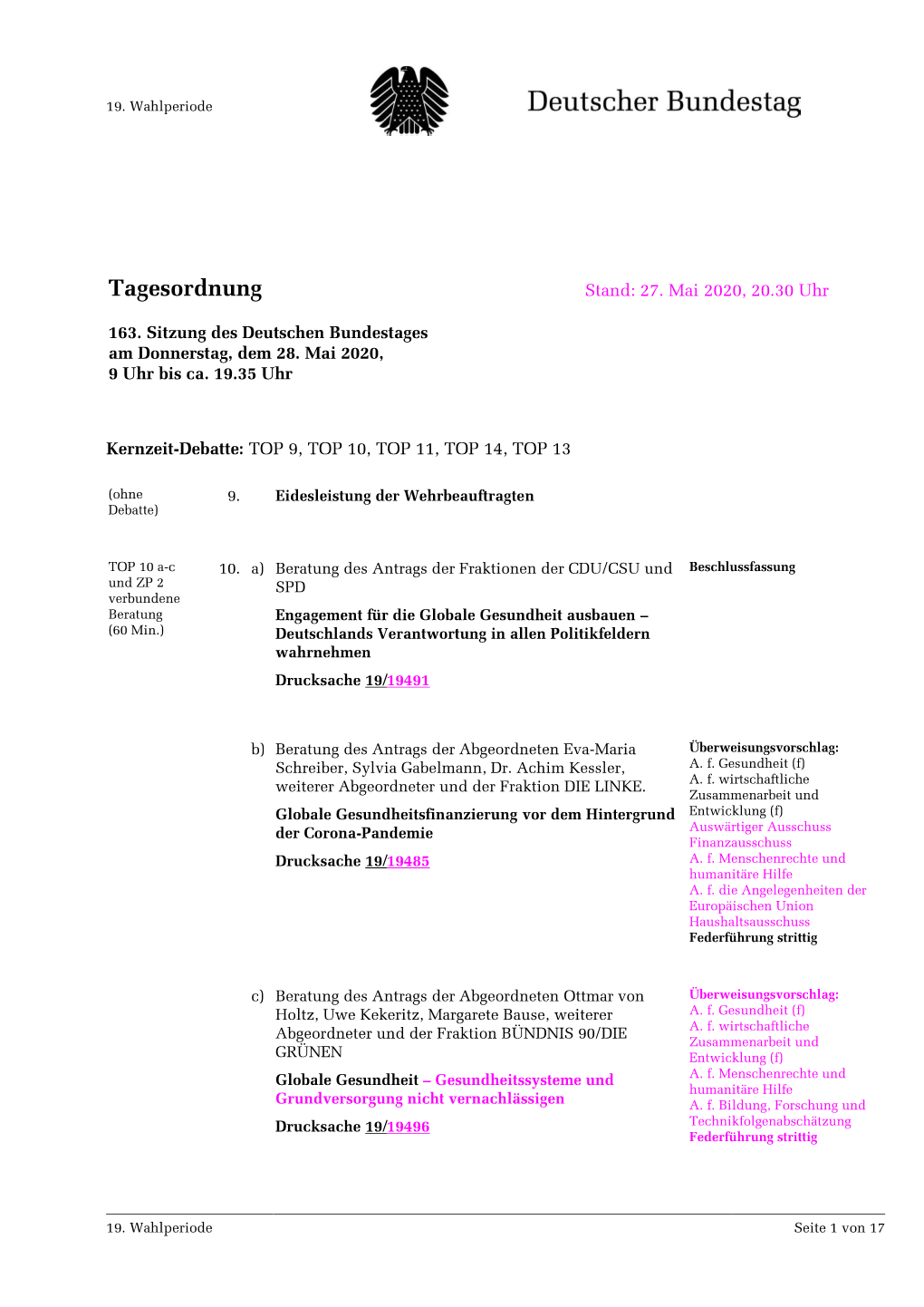 Amtliche Tagesordnung Der 163. Sitzung Des 19. Deutschen Bundestages