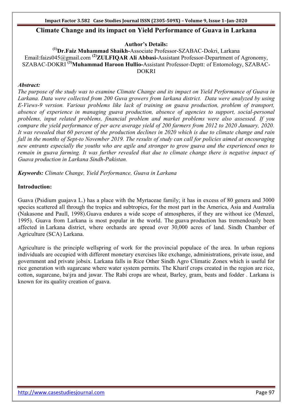 Volume 9, Issue 1–Jan-2020 Climate Change and Its Impact on Yield Performance of Guava in Larkana