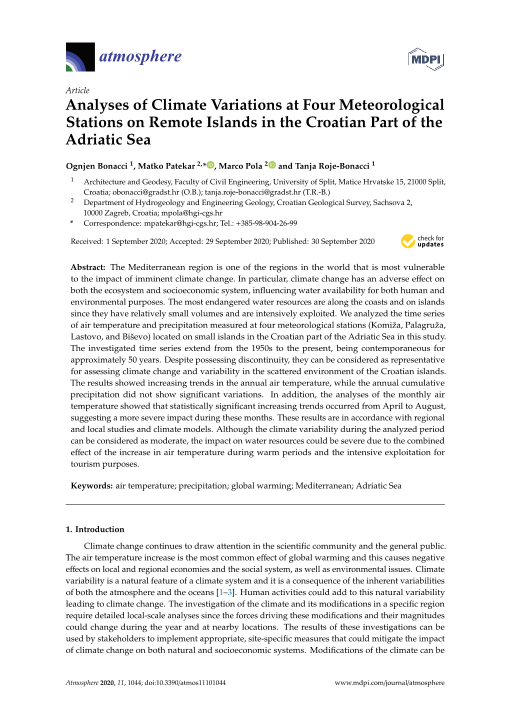 Analyses of Climate Variations at Four Meteorological Stations on Remote Islands in the Croatian Part of the Adriatic Sea