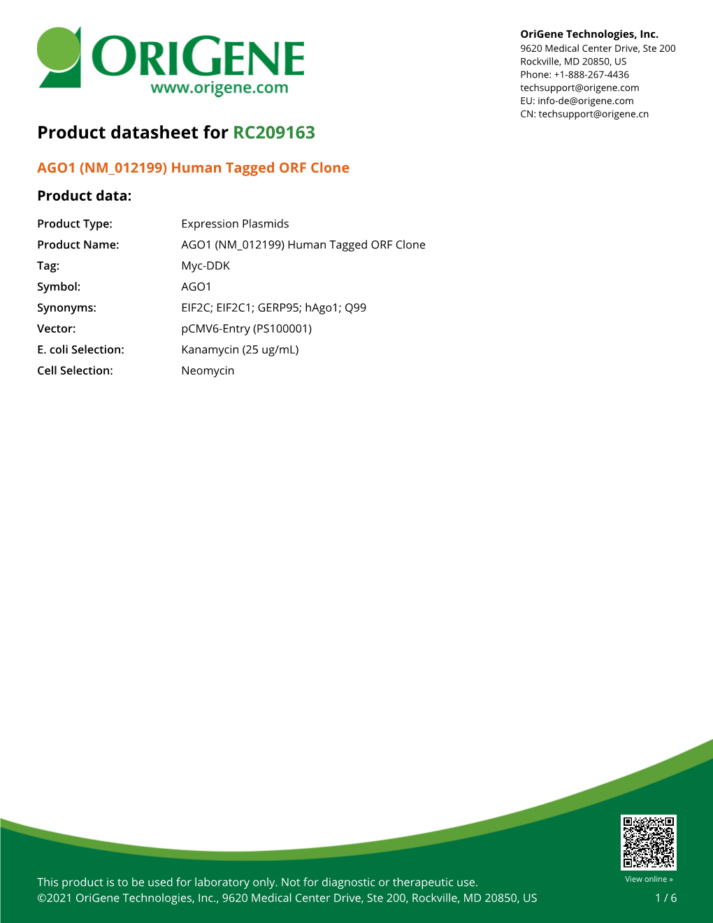 AGO1 (NM 012199) Human Tagged ORF Clone Product Data