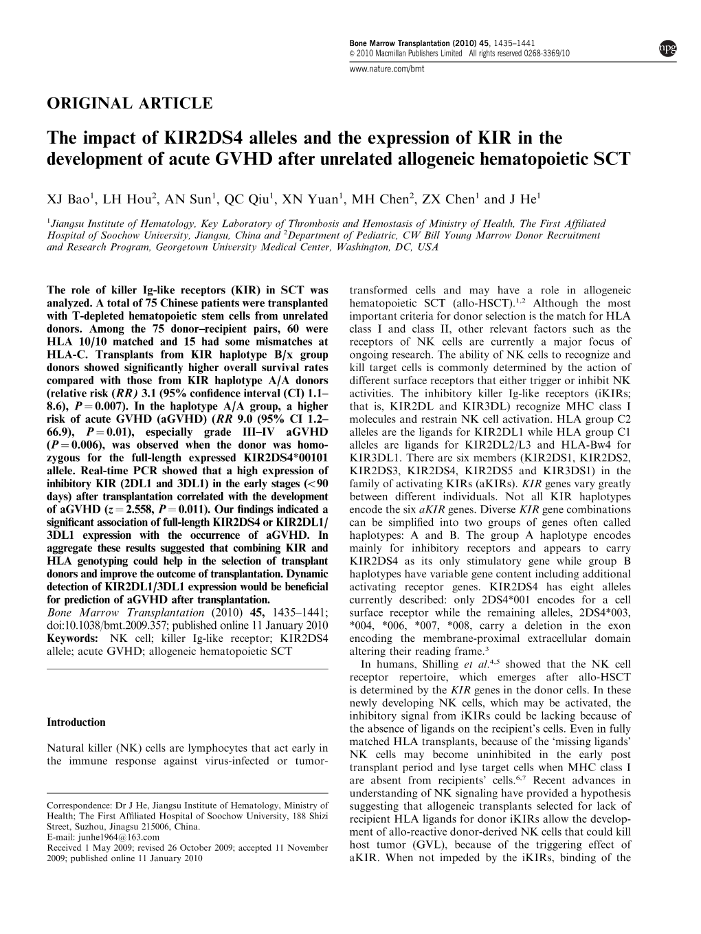 The Impact of KIR2DS4 Alleles and the Expression of KIR in the Development of Acute GVHD After Unrelated Allogeneic Hematopoietic SCT