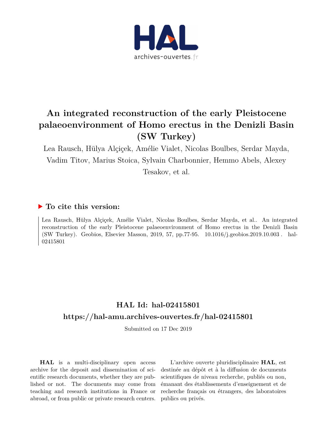 An Integrated Reconstruction of the Early Pleistocene Palaeoenvironment of Homo Erectus in the Denizli Basin (SW Turkey)