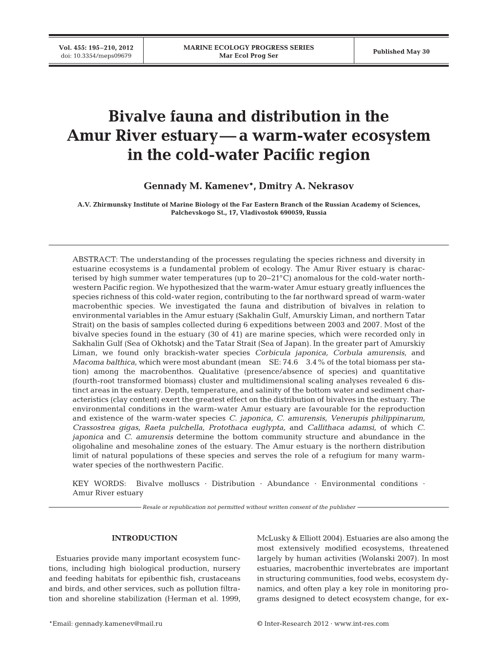 Bivalve Fauna and Distribution in the Amur River Estuary—A Warm-Water